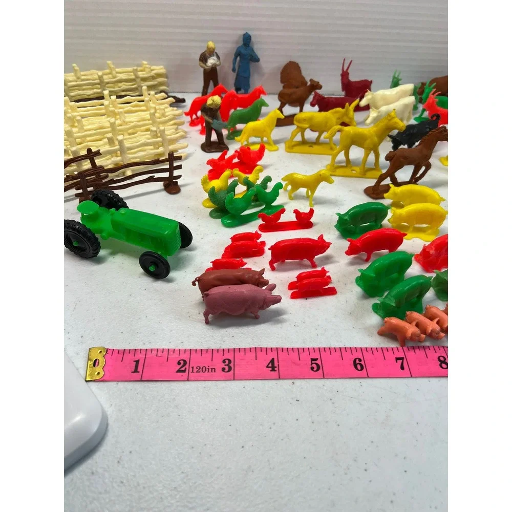 Vintage Plastic Farm Animals Figures Lot Fencing Tractor People Multi Color Toy
